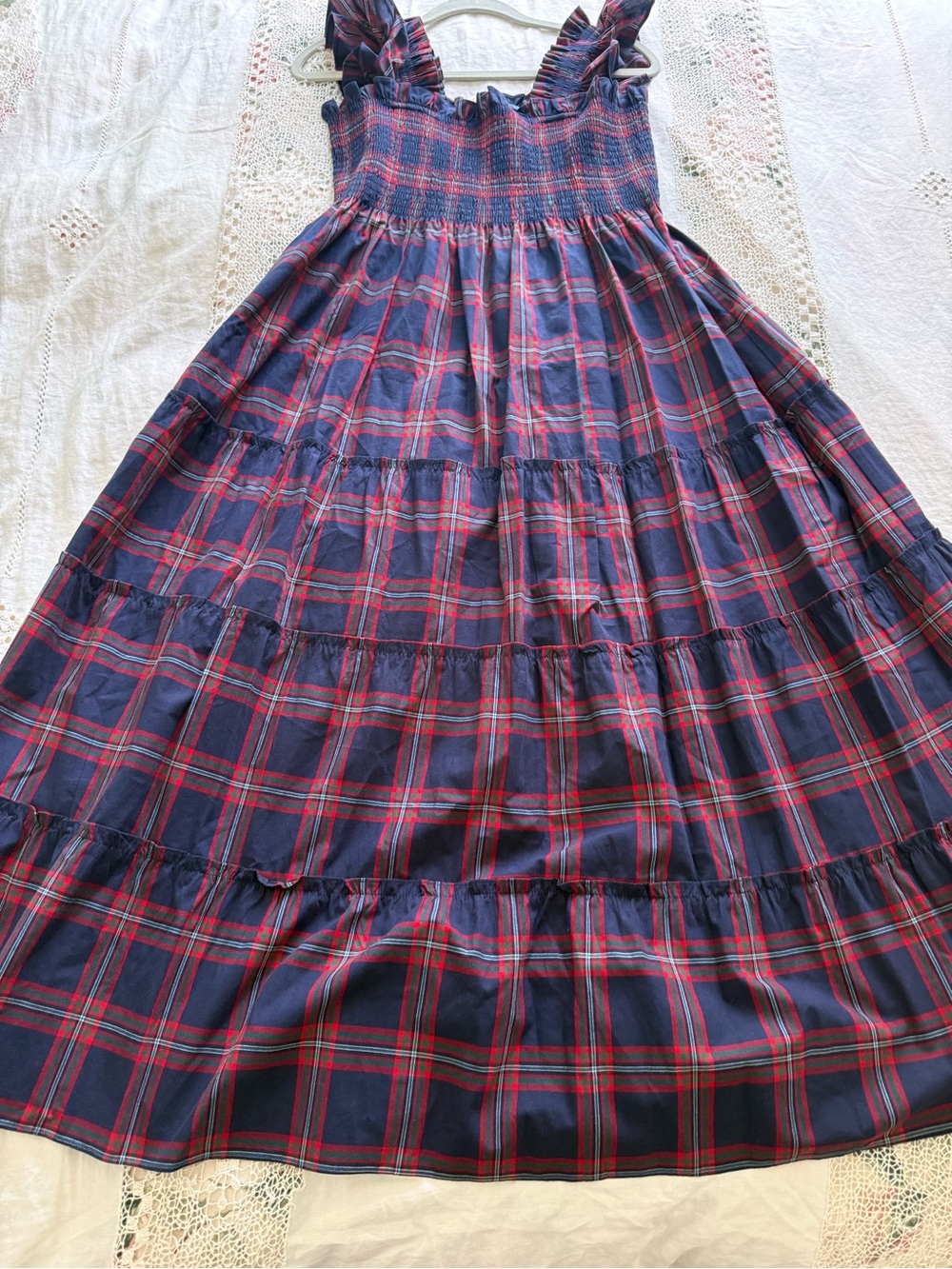 Hill House Home OG The Ellie Nap Dress Navy Tartan Plaid Smocked Midi Size Large